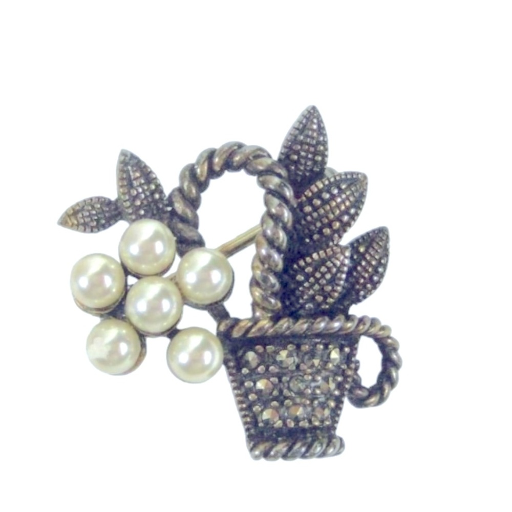 Vintage Flower Basket Pin  .925 Sterling Silver, Marcasite, Leaves, Faux Pearl - Picture 2 of 4
